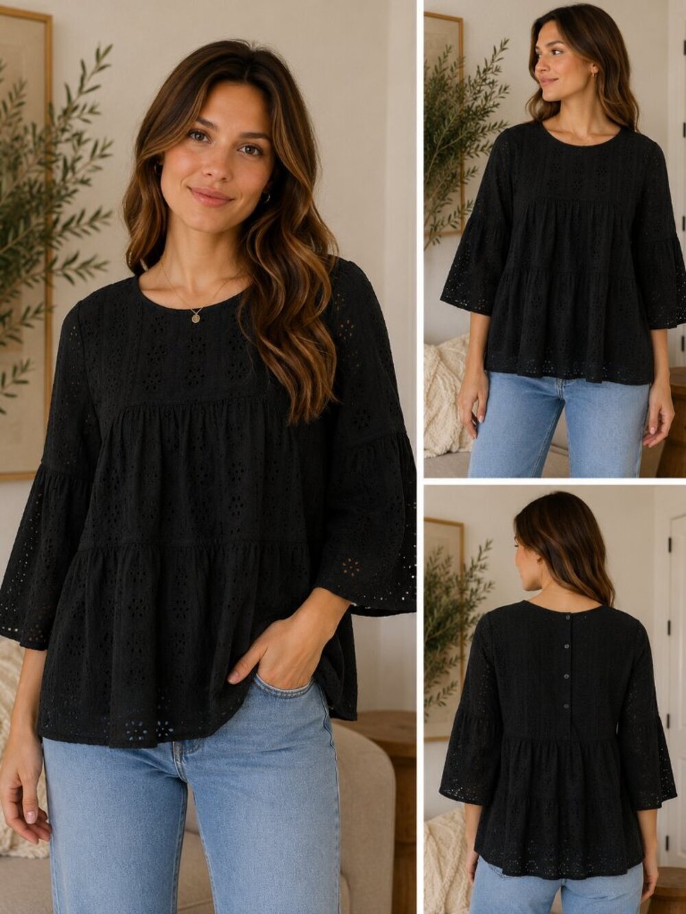 Madewell Black Eyelet Embroidered Cotton Peasant Blouse Women's Small Boho Cotta
